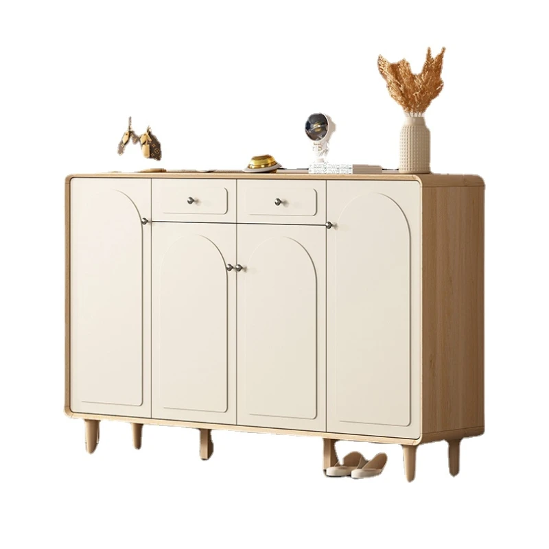 The cream style shoe cabinet is simple, modern lacquered solid wood frame, large-capacity storage entryway cabinet