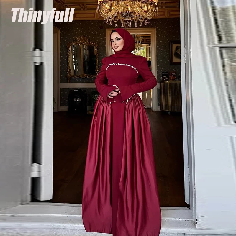 

Thinyfull A-line Satin Muslim Prom Dresses Full Sleeves High Neck Evening Gown Dubai Formal Dress robes de soirée Customized