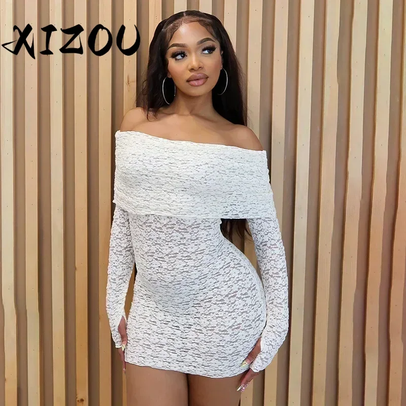 XIZOU Women Sexy See Through Bodycon Mini Lace Dress Elegant Lapel Off-shoulder Long Sleeve Birthday Vestidos Party Clubwear