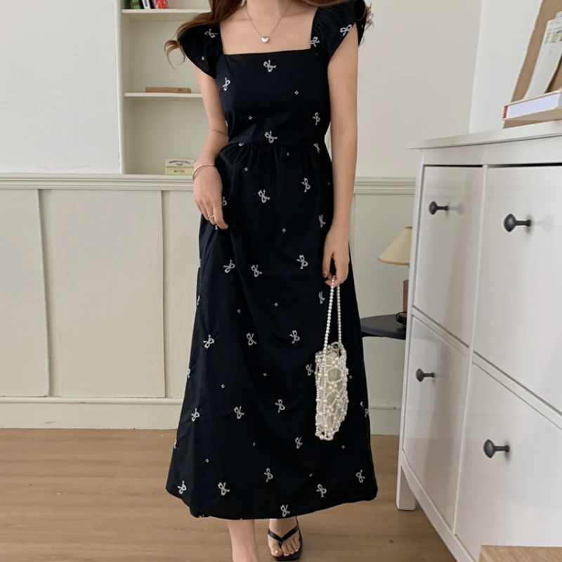 Koreaanse Sle zomer lange Dr geborduurde taille cinching strik hoge taille volant Sve vierkante kraag chique vintage...