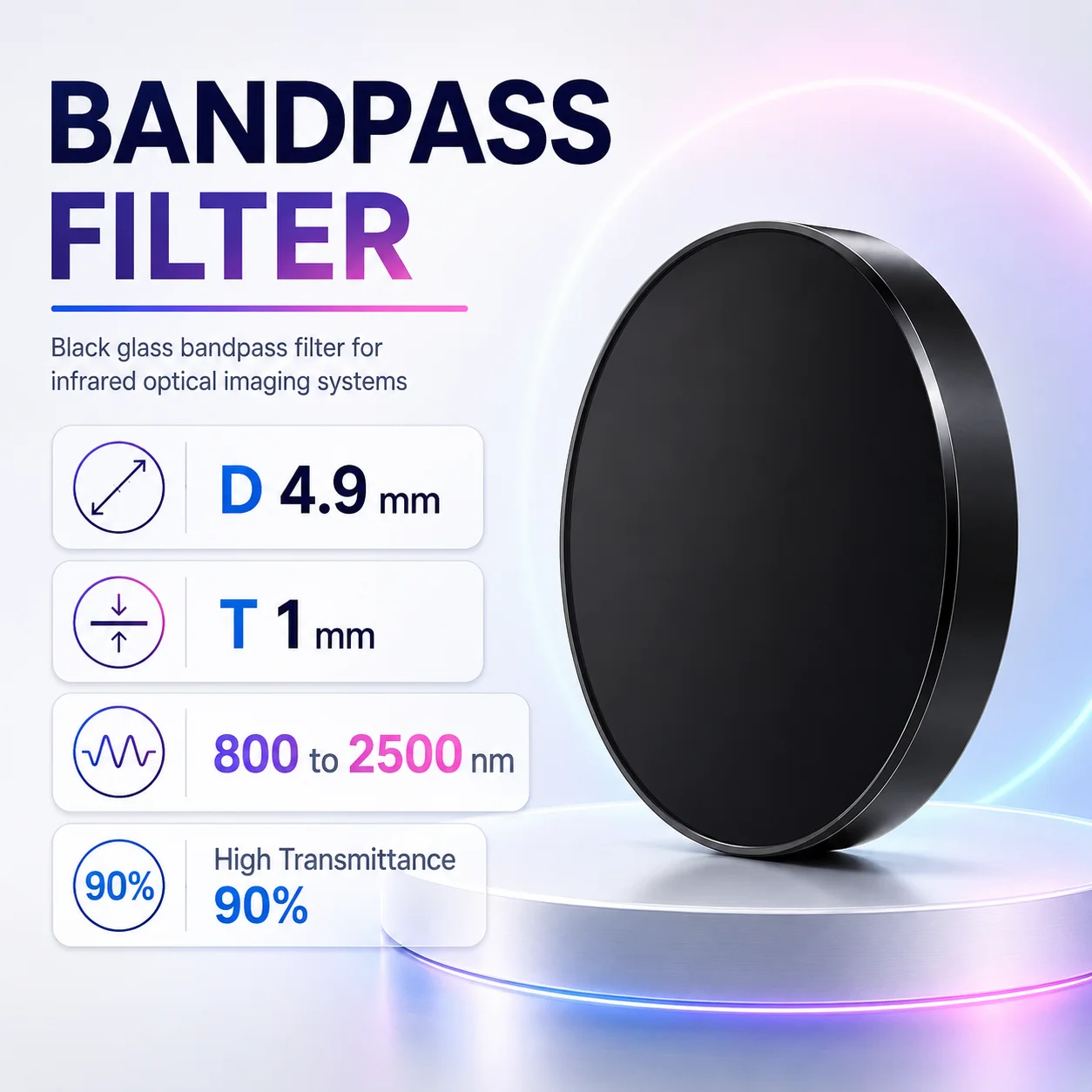 800 to 2500nm Black Glass Bandpass Filter 49mm Diameter 1mm Thickness High Transmittance for Infrared Optical Imaging Systems
