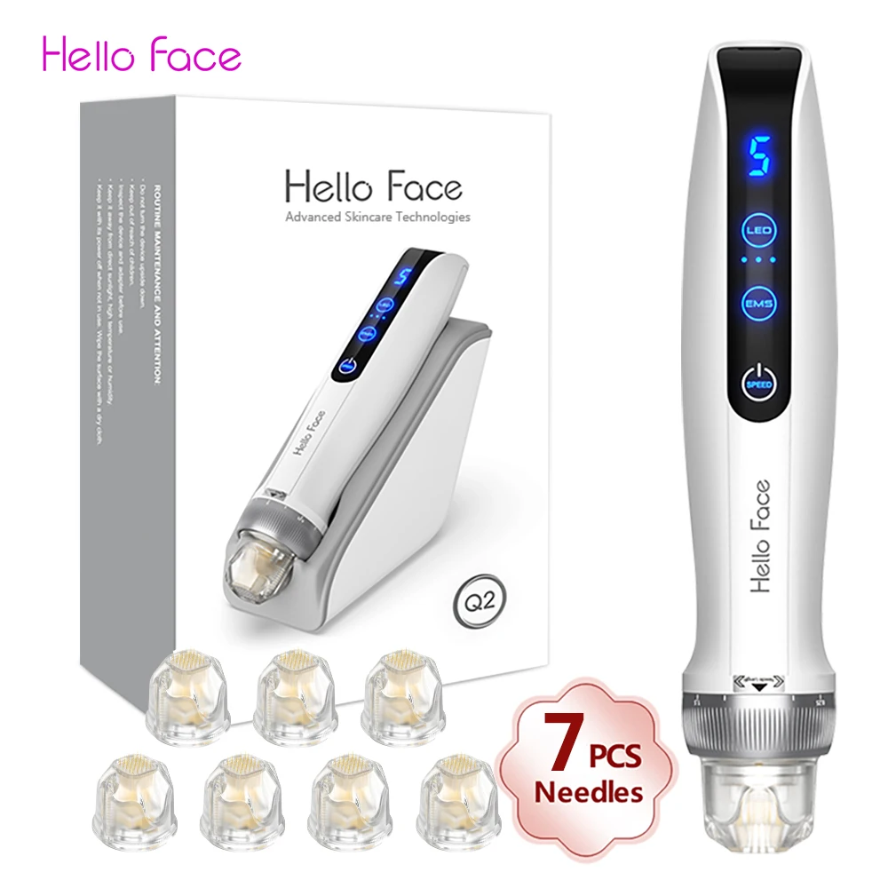 Hello Face microedling Pen Q2 Bio Pen z 7 sztuczną tytanową igłą profesjonalny dermapen EMS czerwony i niebieski urządzenie do światłoterapii