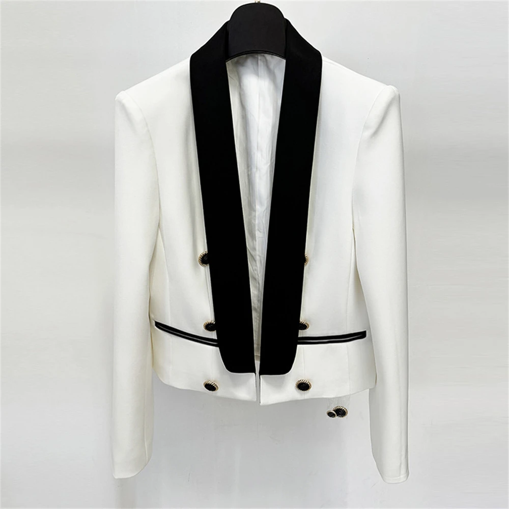 Women's Fashion Suit Jacket With Black Shawl Neck Real Images Women Business  Blazer With Three Quarter Sleeves