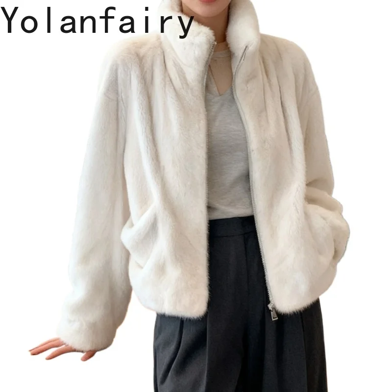 

YOLANFAIRY New Whole Mink Real Fur Coats for Woman Winter Elegant Stand Collar Short Natural Fur Coat Women Mink Jacket Zipper