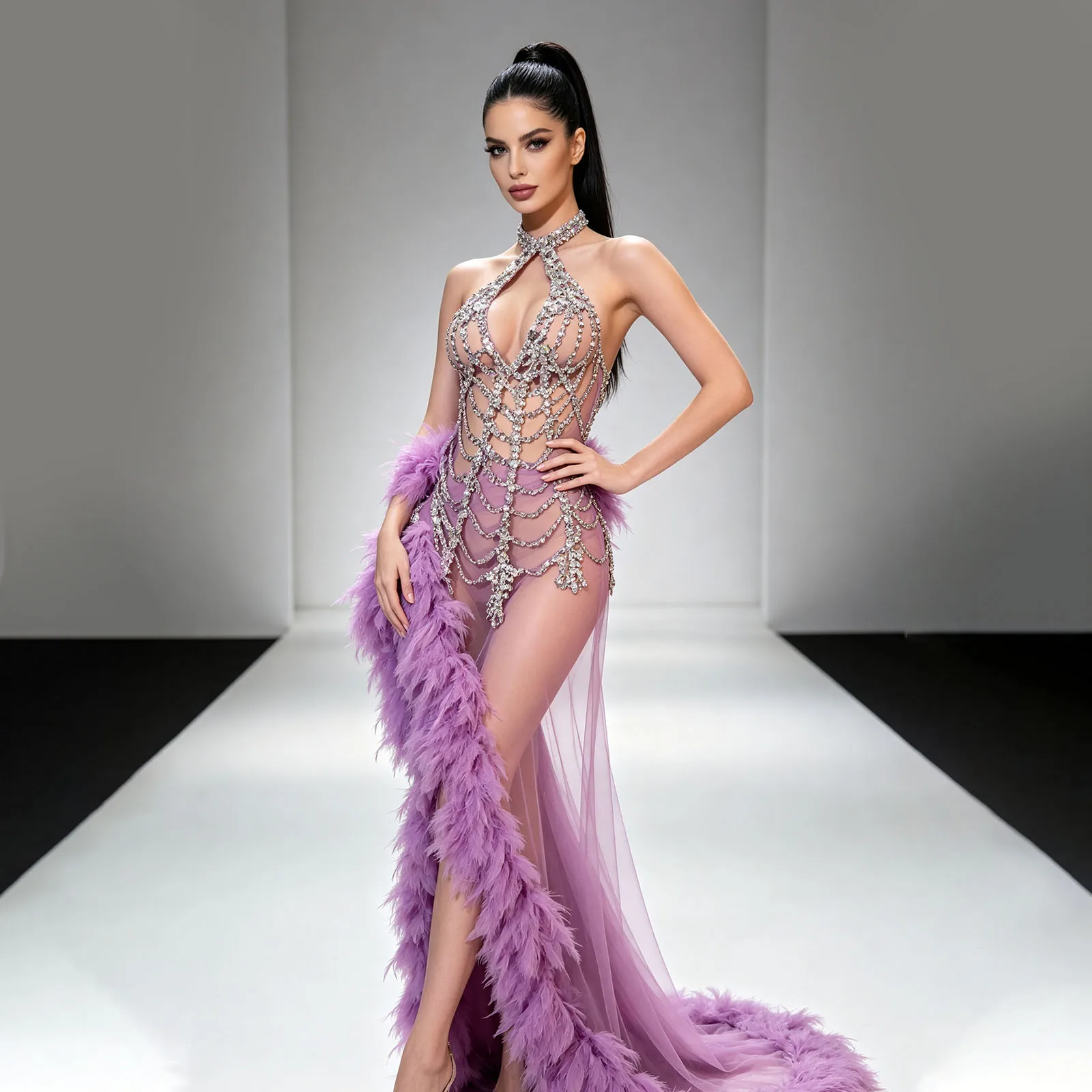 

2 Piece Sexy Purple gauze Dress Spider Web Rhinestone Halter Top High Split Sheer Maxi Gown, Clubwear Stage Performance Outfit