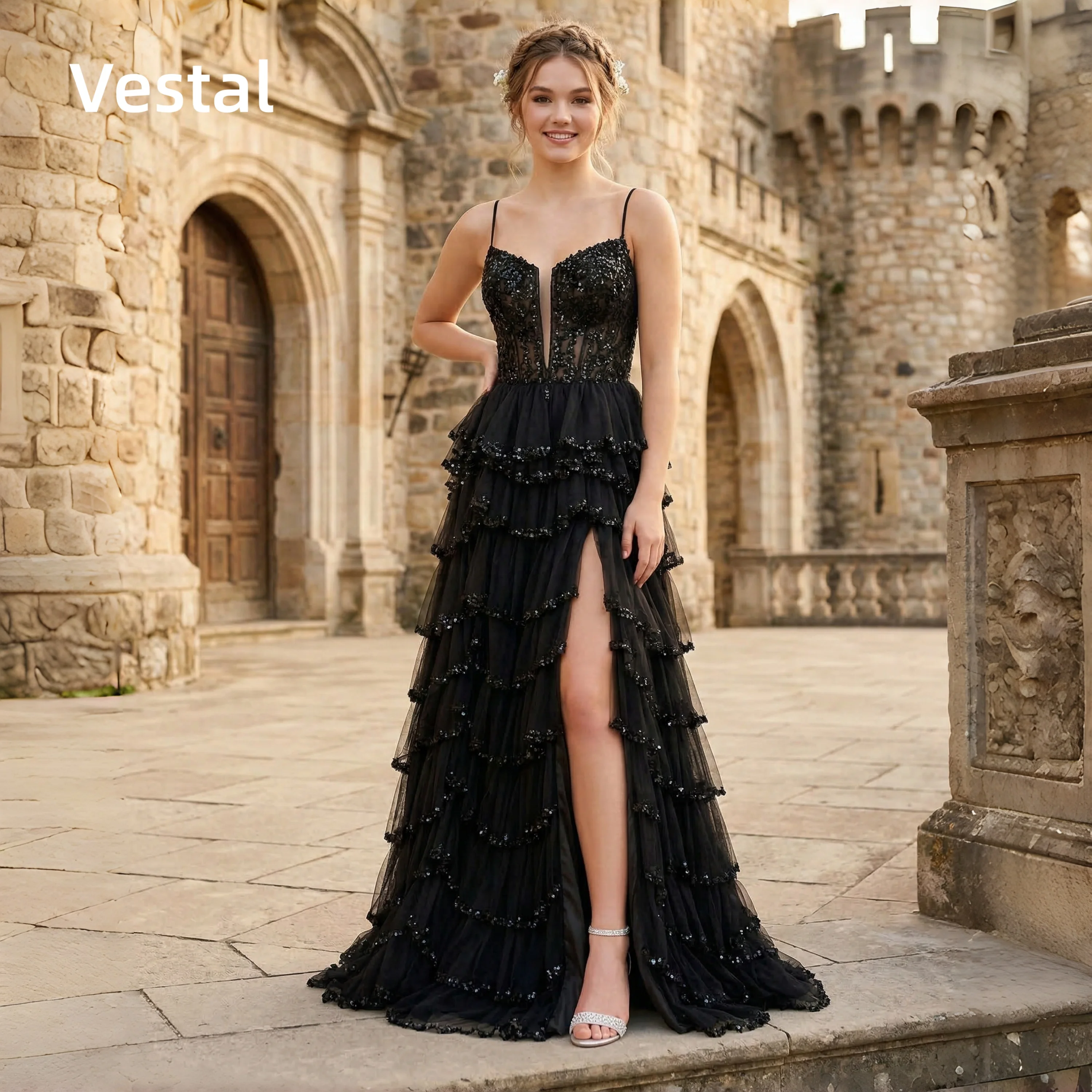 Sparkly Sequined Spaghetti Strap Black Prom Dress Tiered High Slit Evening Gown Customized