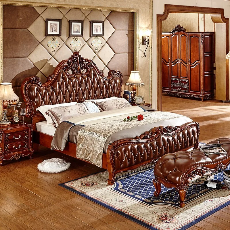 European Royal Luxury Style Solid Wood Frame Bed Set with Strong Durable Genuine Leather for Home Villa or Hotel Use