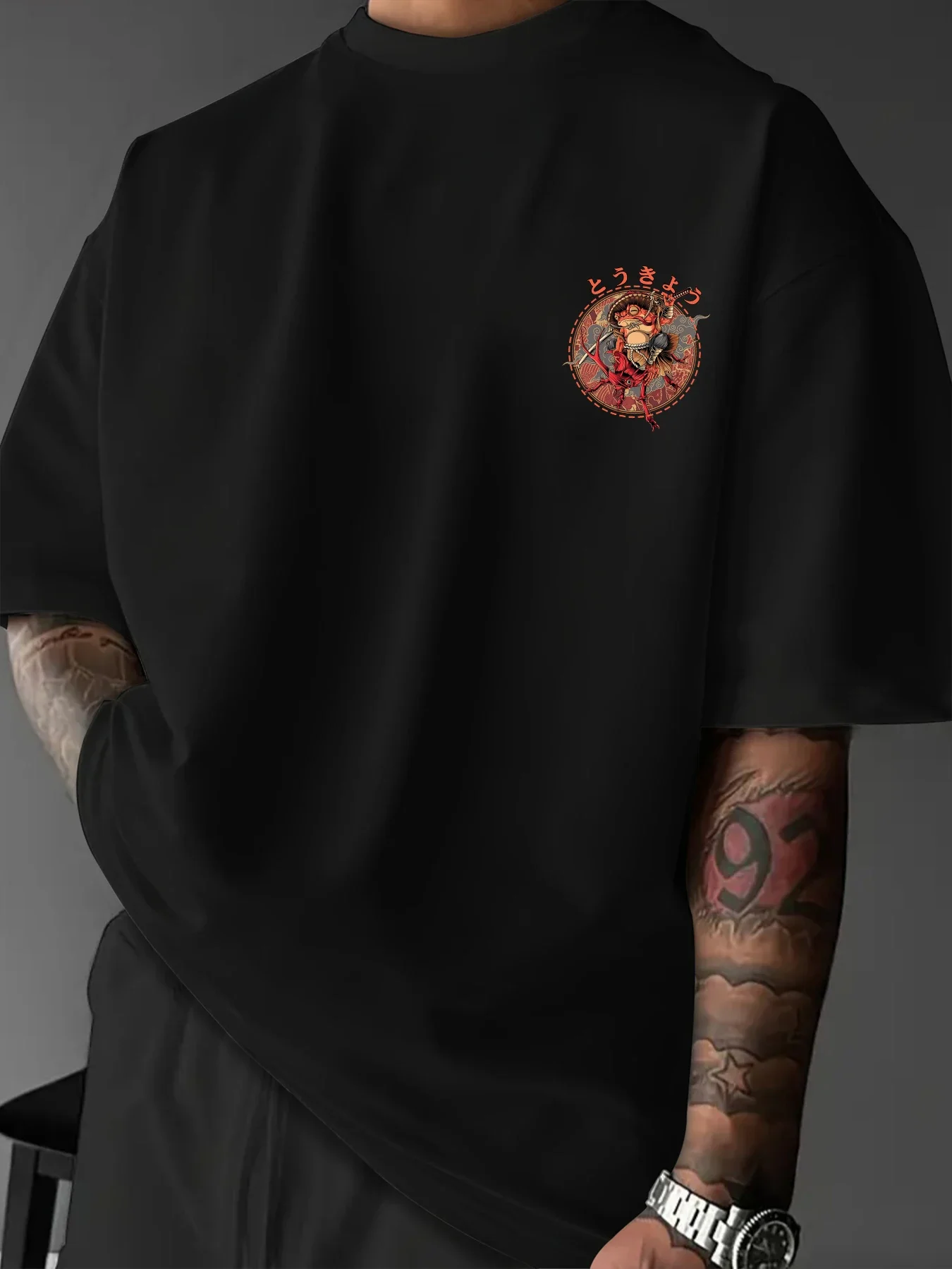 Herren-T-Shirt, Tokyo Frog Samurai Warrior, japanischer Textmusterdruck, Ukiyo-e Streetwear, Alltagskleidung, S-XXL – Detail 3