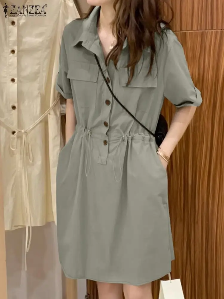 

ZANZEA Women Fashion Short Sleeve Shirt Dress Summer Sundress Work Knee Length Robe Lapel Neck Overall Vestidos Kaftan Oversize