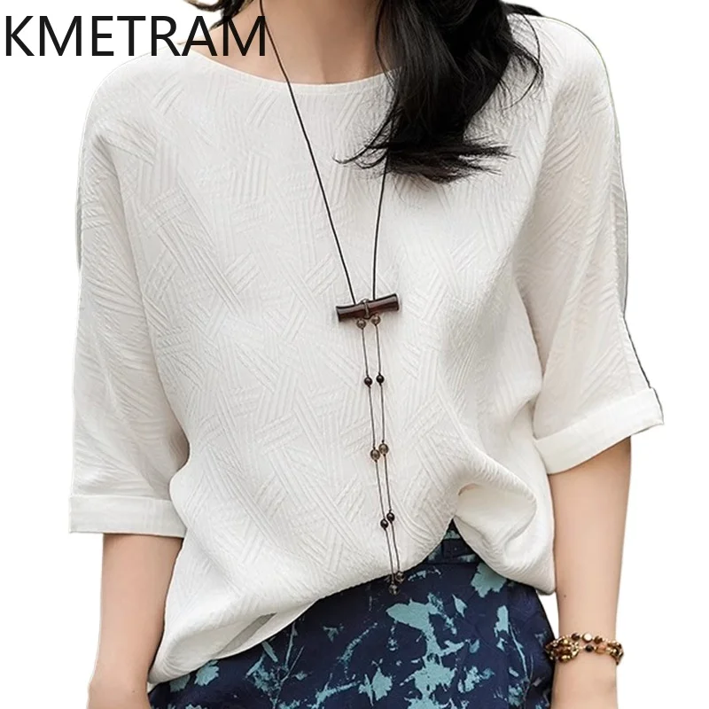 KMETRAM 100% Natural Mulberry Silk Women T Shirts White Jacquard Summer Tops Elegant O-Neck Loose T Shirt 2026 Woman Clothes топ