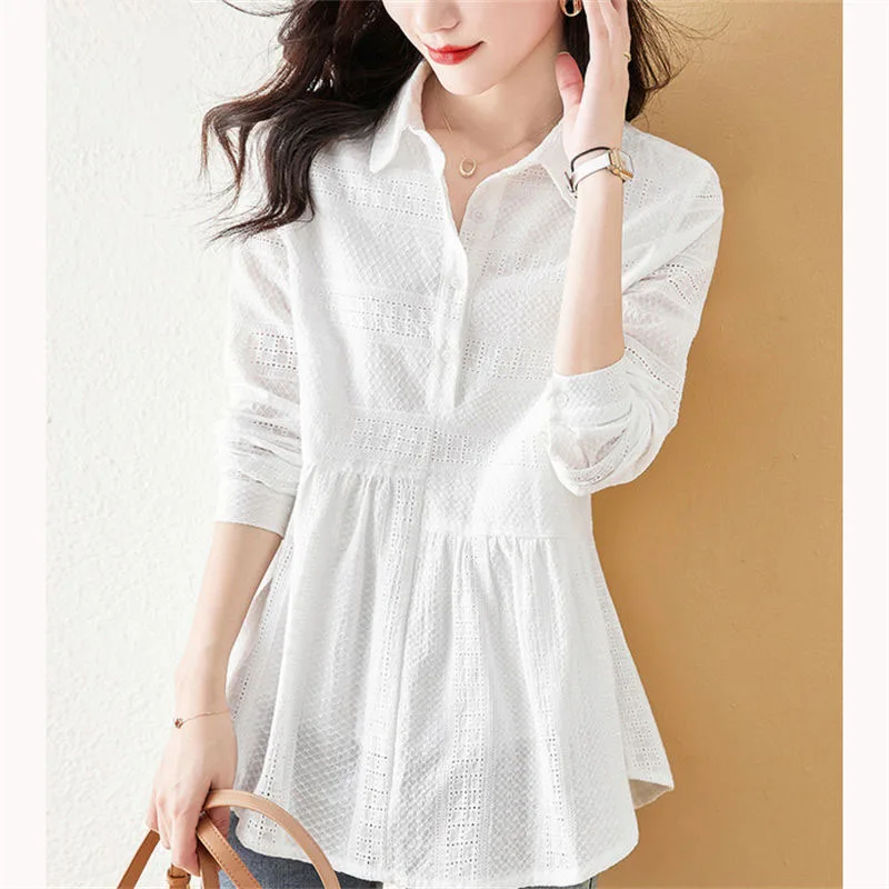 Casual Fashion Hollow Out Solid Color Shirt 2022 Spring Autumn Korean Elegant Female Basic Long Sleeve Polo-Neck Commute Blouse