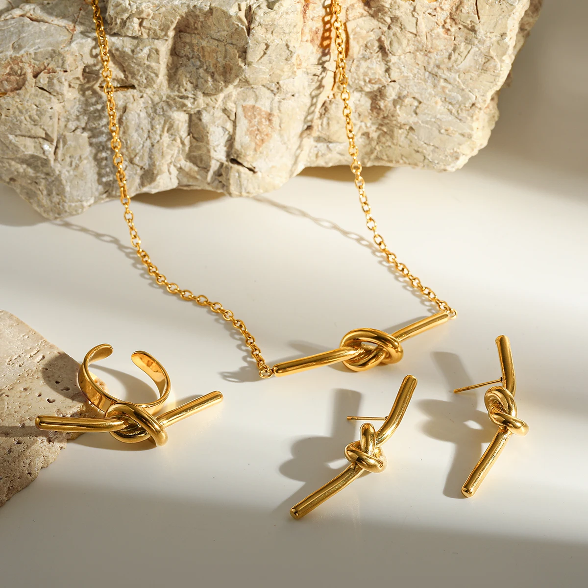 

Geometric Irregular Stainless Steel Jewelry Sets 18K Gold PVD Coated Box Chain Necklace Ring Ear Studs Trendy Dainty Accessories