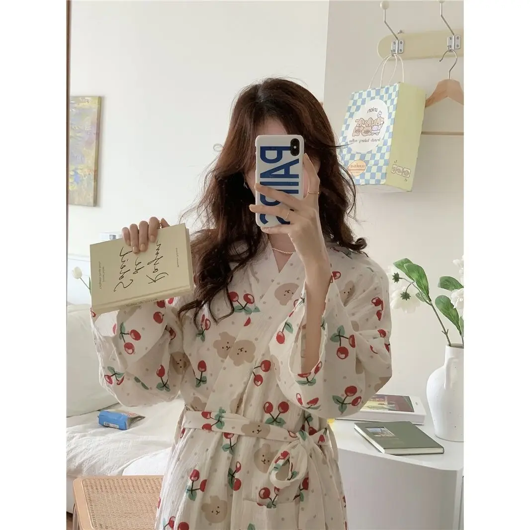 Casual Women Spring Autumn Loose Crape Cotton Robe Lace-up Bathrobe Sweet Kimono Female Cherry Bear Printed Dressing Gown S-XL