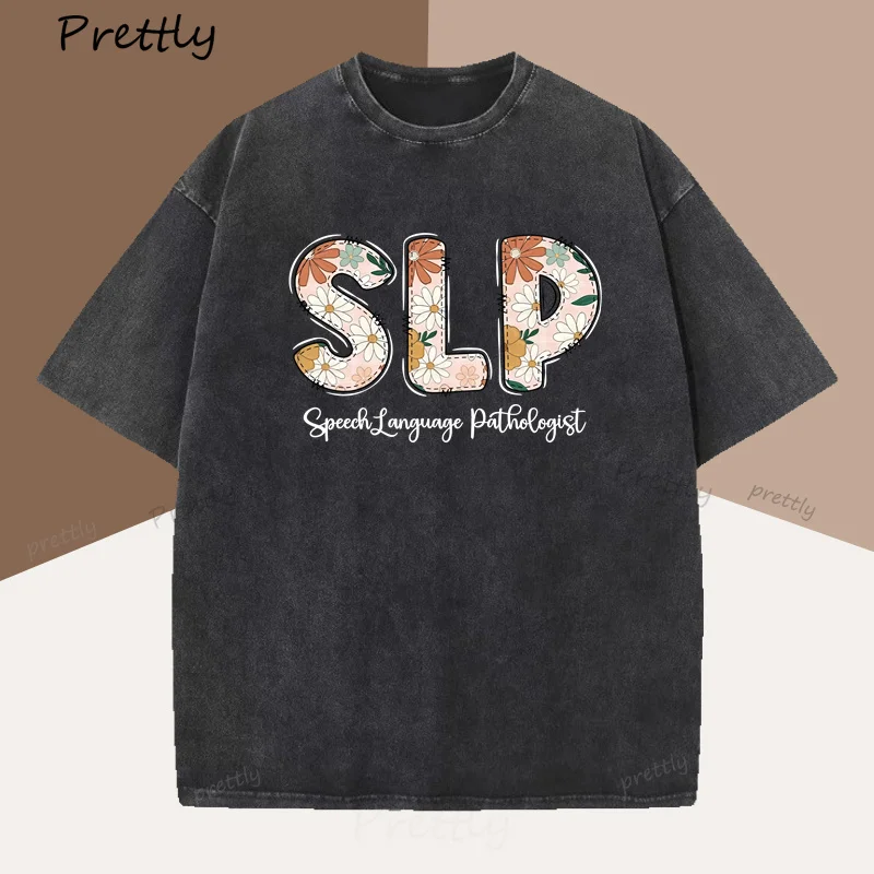 

Floral Speech Therapy Printed T Shirt Woman Cotton SLP Language T-shirt Vintage Short-sleeve Round Neck T-shirts for Man Woman