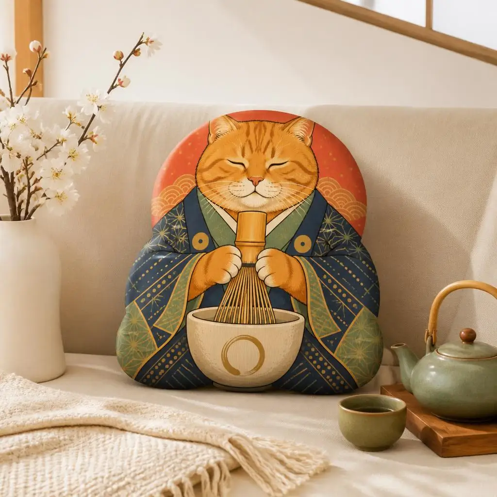 Japanese Tea Ceremony Cat Plush Pillow Zen Matcha Cushion Shaped Stuffed Throw Pillow Meditation Decor Gift for Cat Lovers