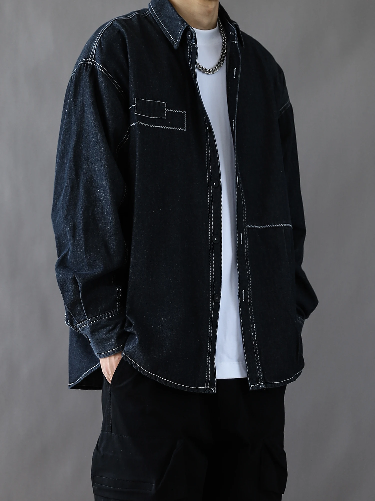 

Ретро-рубашка из денима с цветными вставками, мужская повседневная рубашка свободного кроя, летняя рабочая одежда, классическая рубашка на пуговицах