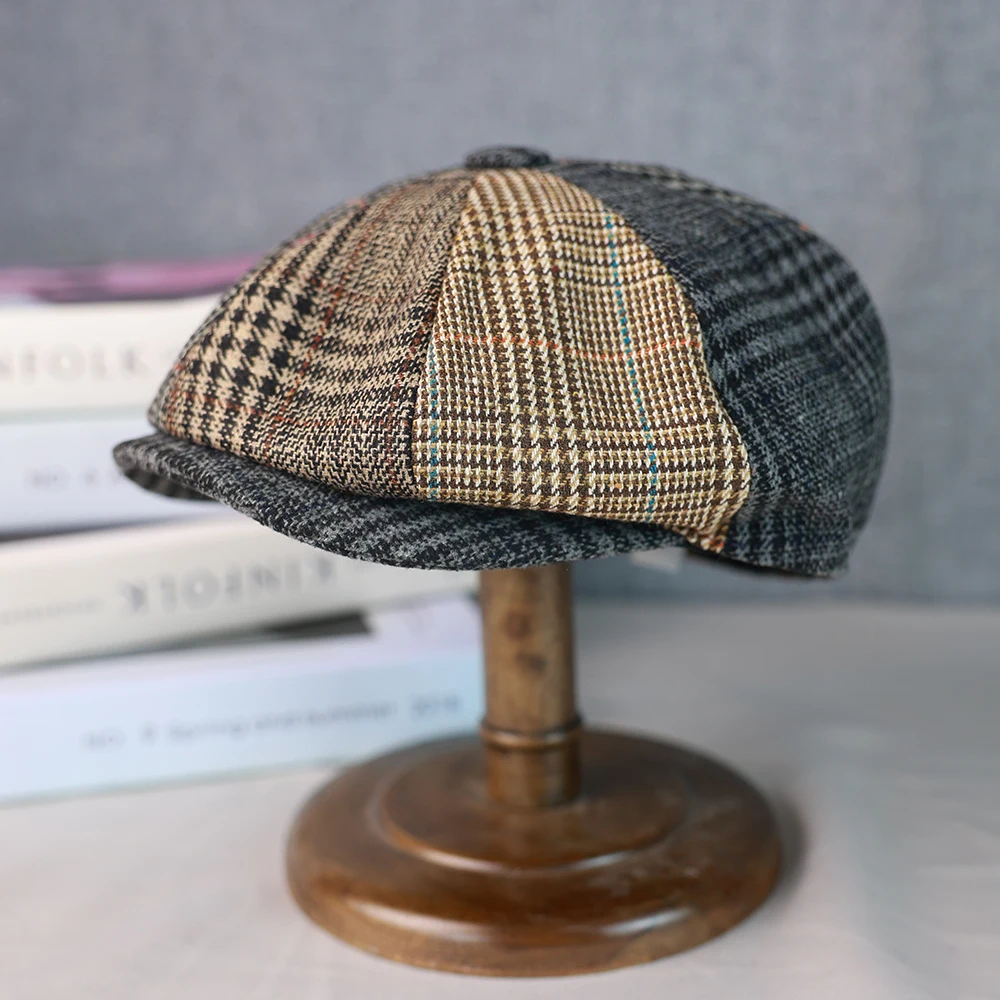 Men Newsboy Hats Wool Autumn Vintage Herringbone Octagon Cap Women Casual Splicing Berets Gatsby Flat Hat 81