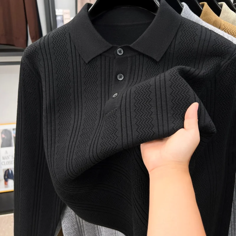 Luxury Quality Knitt Jacquard Men's Polo Shirt New Fashion Solid Color Long Sleeved Lapel T-Shirt Business Casual Men's Clothing