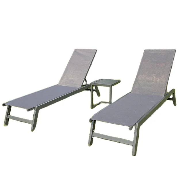 3 Pieces Outdoor  Aluminum Poolside Reclining Sunlounger Set with Side Table