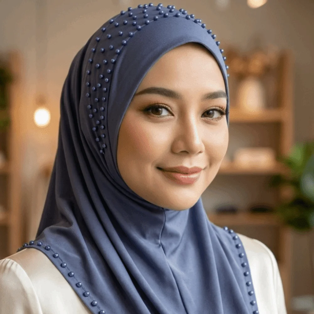 Elegant Soft Beaded Instant Hijab Breathable Easy Wrap Malay Headscarf Stretch Solid Color Pullover Scarf Daily Wear