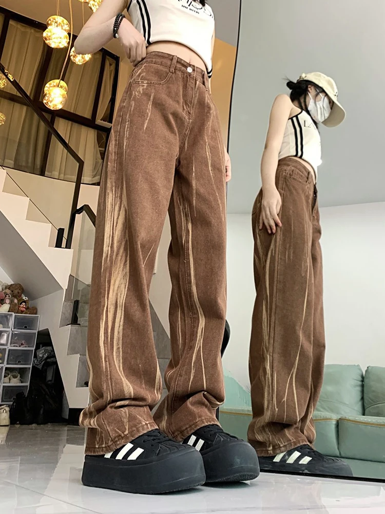 Zoki Tie Dye Retro Brown Jeans Women High Waist Streetwear Y2K Denim Pants American Loose Casual Lady Vintage Harajuku Trousers