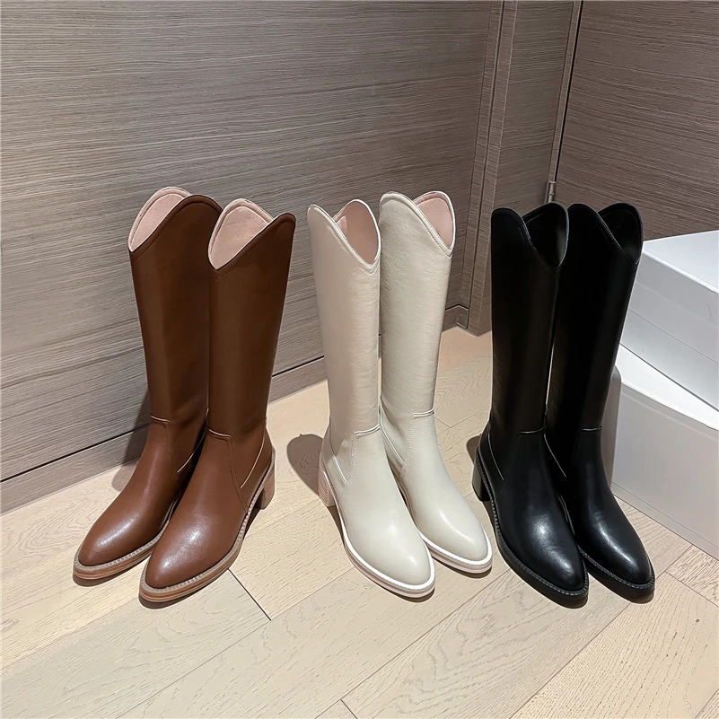 Meotina Women Genuine Leather Knee High Western Boots Round Toe Thick High Heel Zipper Ladies Long Boot Autumn Winter Shoes 40