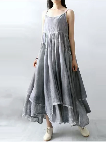 Artístico cor pura dupla camada assimétrica lin longo feminino dr verão emagrecimento cinta dres algodão linho material