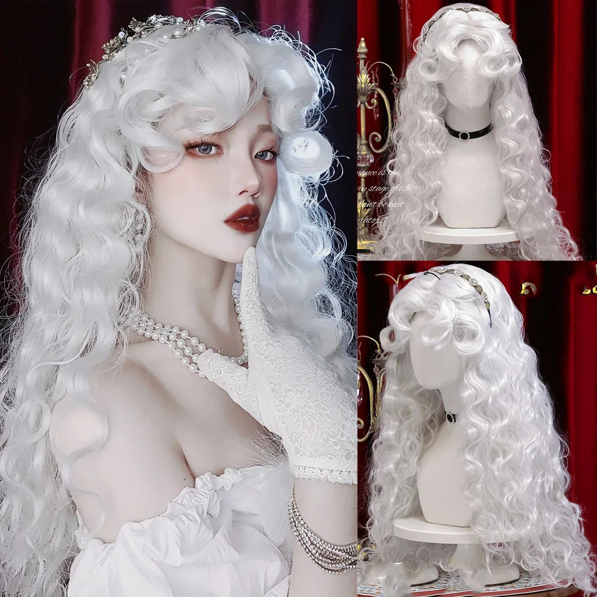 Vintage Lolita Costume Wig with Bangs Girls Spiral Curls Hair Lady Synthetic Heat Resistant Princess Wig