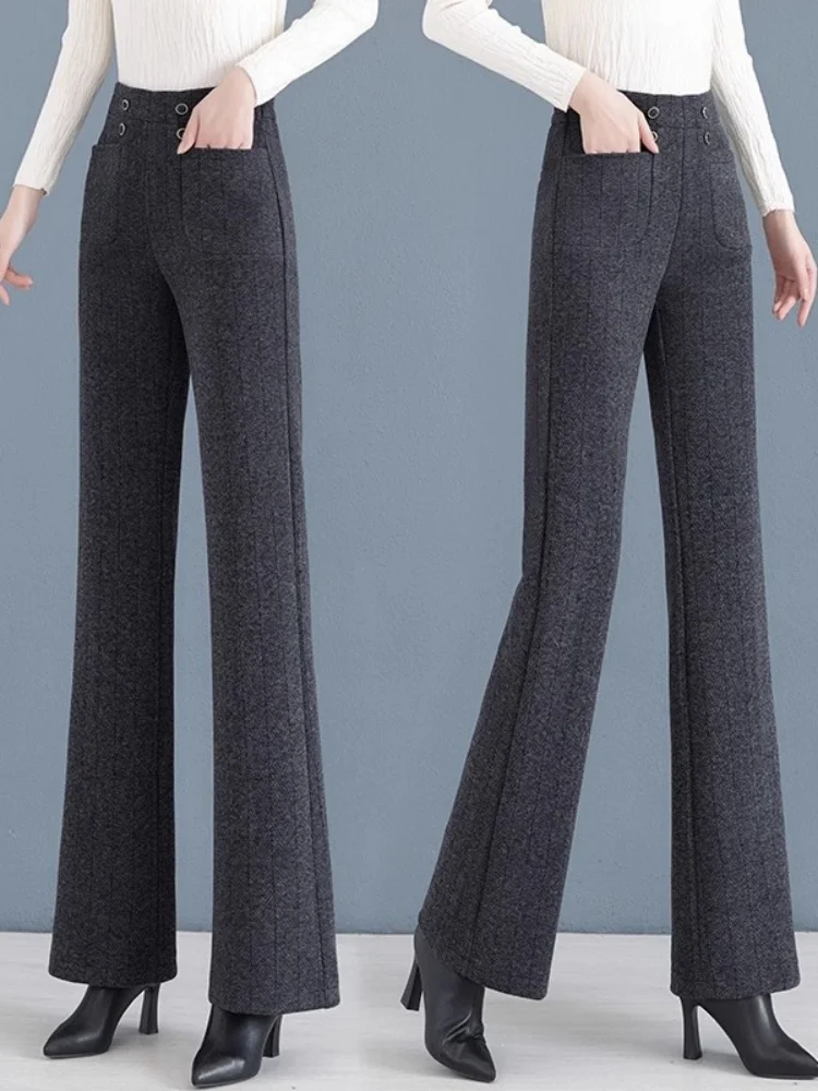 

Модные шерстяные брюки прямого кроя для женщин, осенне-зимние и весенние, утепленные, повседневные, облегающие брюки для женщин.