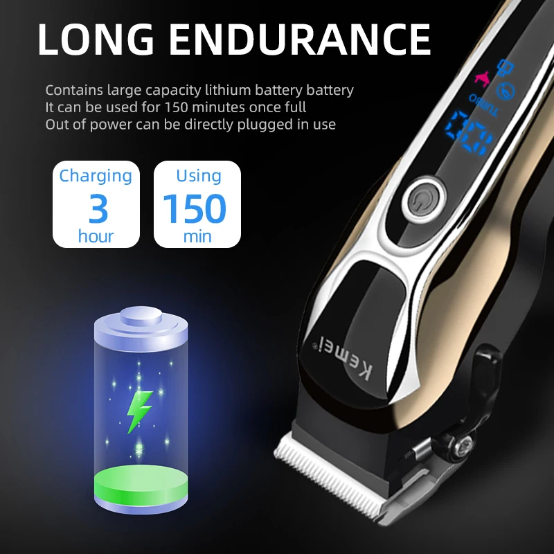 Kemei Professional Hair Clipper Rechargeable Trimmer Men Electric Cutter Hair Cutting Machine LCD Cordless Beard Trimmer KM-1990