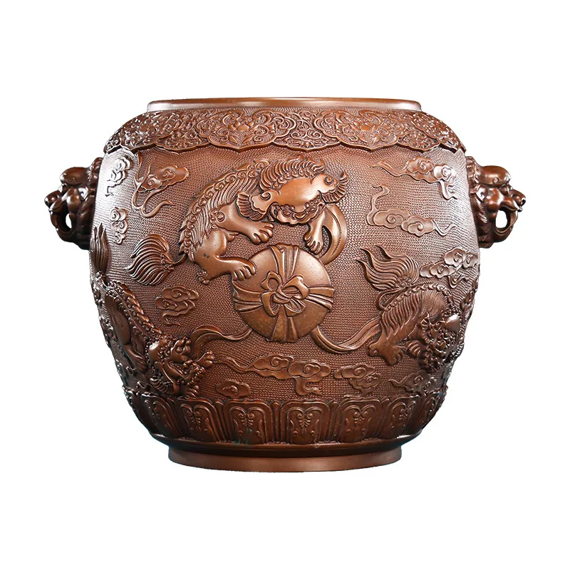 Copper cylinder ornament, lion playing ball cylinder entrance cornucopia craft gifts