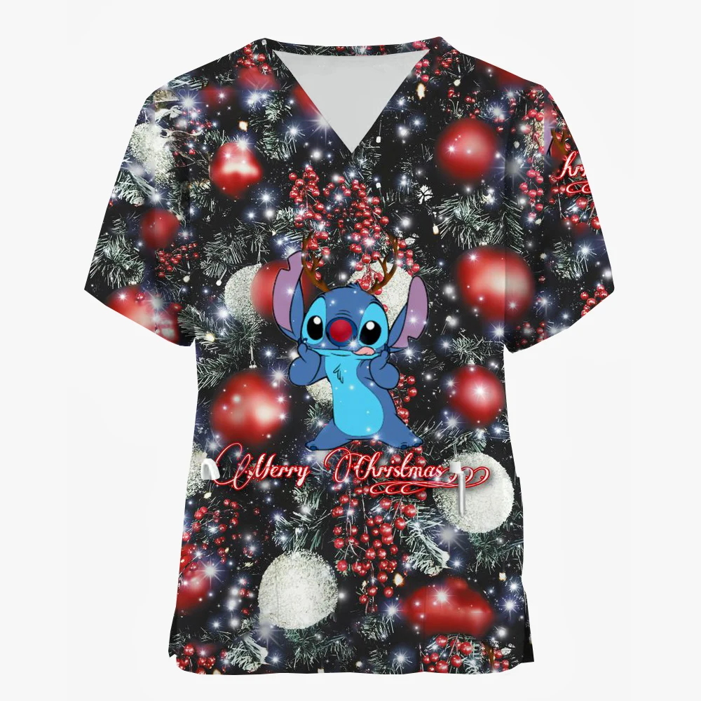 Uniformes d'infirmière College pour femmes, chemisier médical, salopette, manches courtes, col en V, joyeux Noël, Disney Stitch
