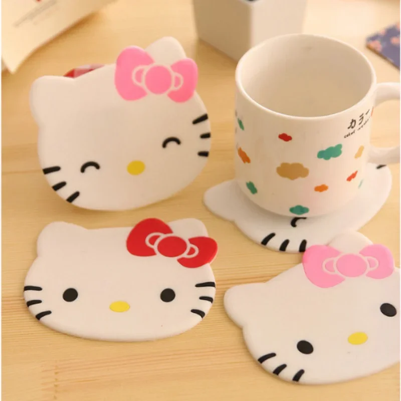 Kawaii Hello Kitty Coaster Sanrio Cartoon Cute PVC Soft Rubber Coaster Heat Insulation Anti Scald Anti Slip Pad