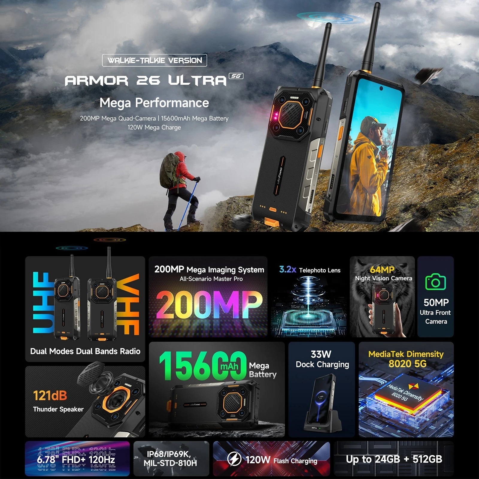 Ulefone Armor 26 Ultra Walkie Talkie 5G هاتف متين 120 وات 15600 مللي أمبير في الساعة 200 ميجابكسل + 64 ميجابكسل + 50 ميجابكسل 6.78 بوصة أندرويد 13 NFC هاتف ذكي مقاوم للماء