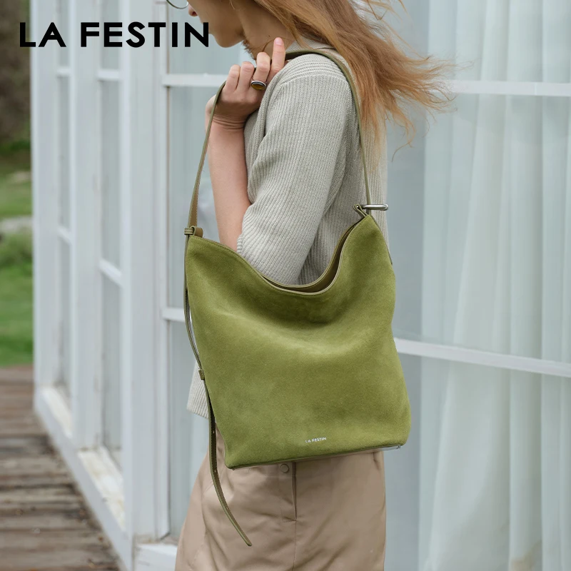 

LA FESTIN Original Brand Women Bag 2025 New Suede Bag Fashion Bucket Bag Luxury Shoulder Crossbody Lady Handbag