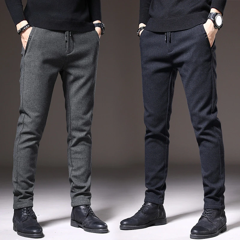 

Brand Autumn Winter Brushed Fabric Casual Pants Men Thick Business Work Slim Cotton Black Grey Trousers Male Plus Size 38