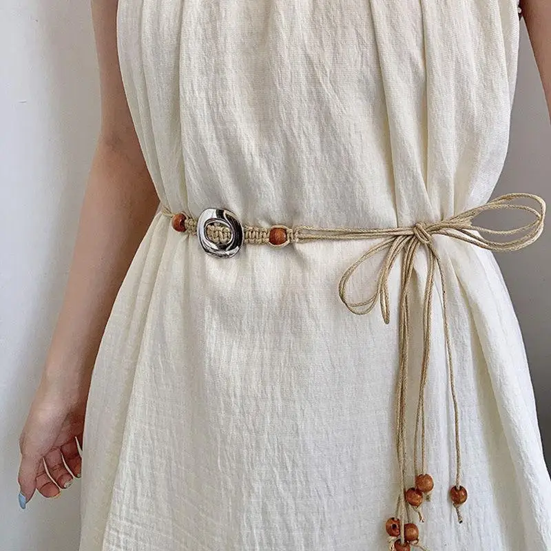 

Женский пояс в стиле бохо с металлической пряжкой и узлом из бисера, ретро платье в этническом стиле, джинсы, пояс-цепочка, женские пляжные аксессуары