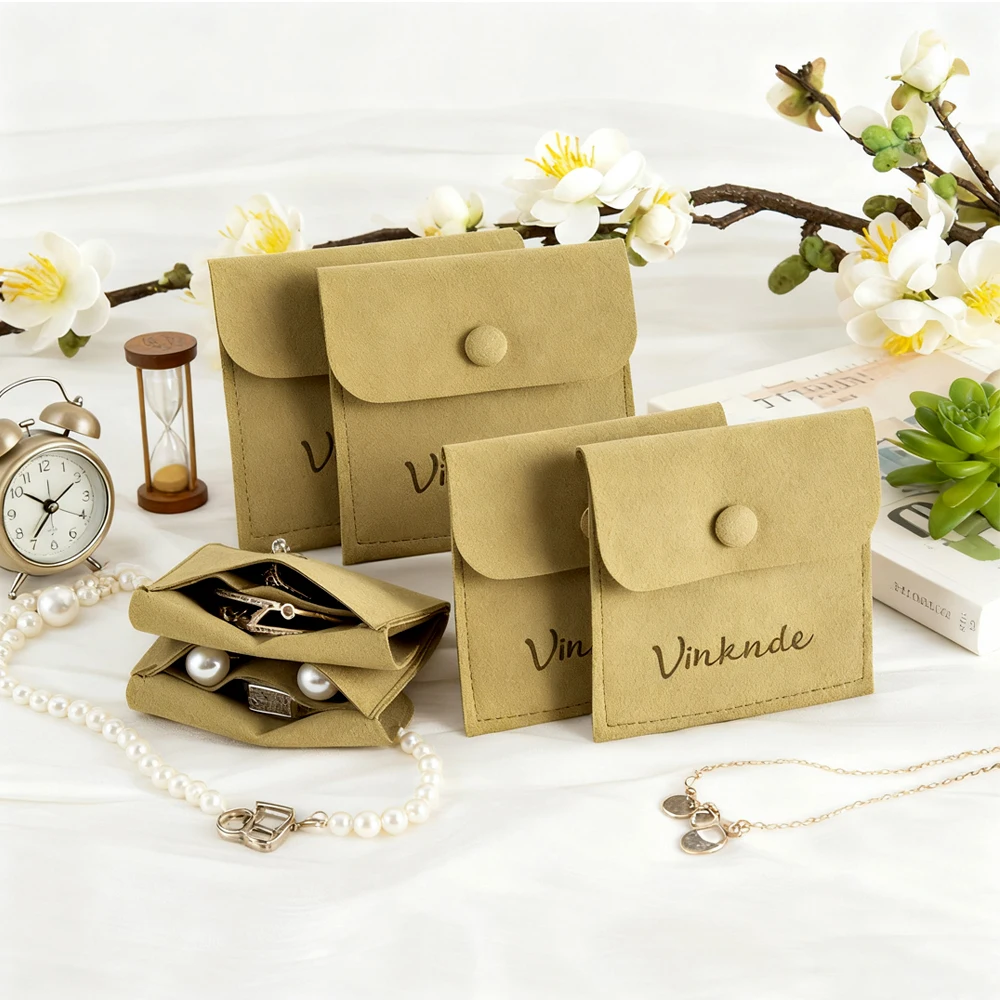 

New Microfiber Jewelry Pouch Snap Button Bags Custom Logo Earrings Present Packaging Sack Brooch Ring Gift Bag With Compartment