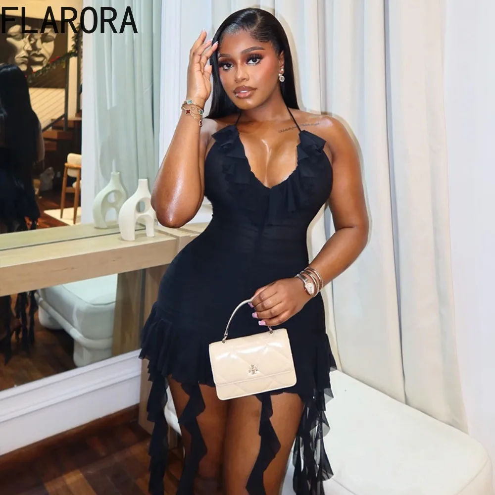 

FLARORA Elegant Tassel Patchwork Mini Dress Woman Sexy Halter Deep V Neck Bodycon Peach Hip Dresses Chic Birthday Party Clubwear