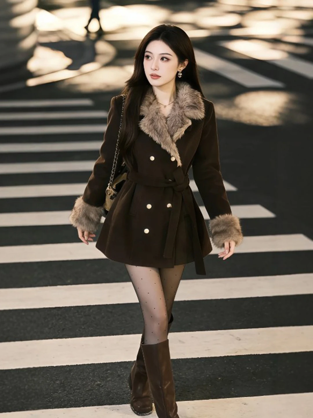 

Ele Lady Sle Belted Woolen Coat Faionable Waist-Cinching Design Long Sve Mid-Length Single-Breasted Casual Outerwear