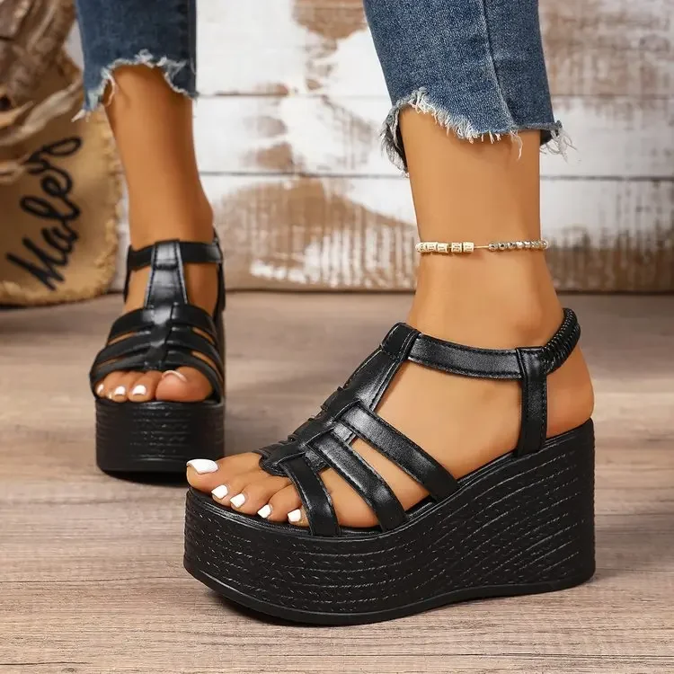 

Летние женские сандалии-гладиаторы на танкетке в римском стиле с открытым носком, повседневные нескользящие легкие сандалии-гладиаторы на толстой подошве, Zapatos De Mujer