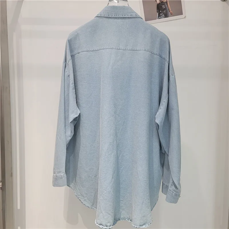 Spring Women Fashion Beaded Diamond Butterfly Mid-Length Denim Shirt Jacket Lapel Single-Breasted Long Sleeve Jeans Jacket Coat