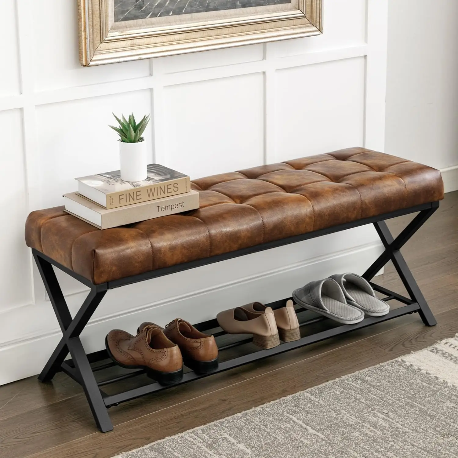 End of Bed Bench with Shelf, Linen Tufted Upholstered Storage Shoe Bench, Modern Bedroom Bench with Metal Legs for Living Room,