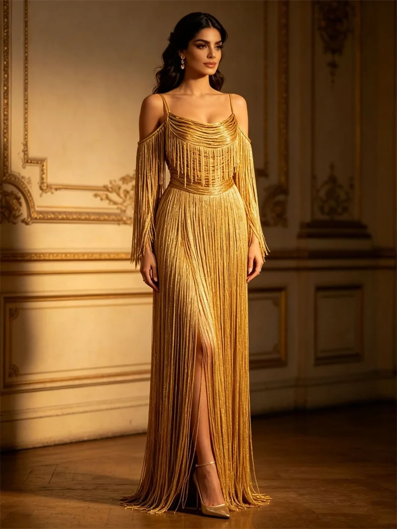 Elegant Gold Prom Dress Spaghetti Strap Off Shoulder Party Gown Sexy Cowl Neck Fringe High Slit Fitted Floor Length Evening Robe