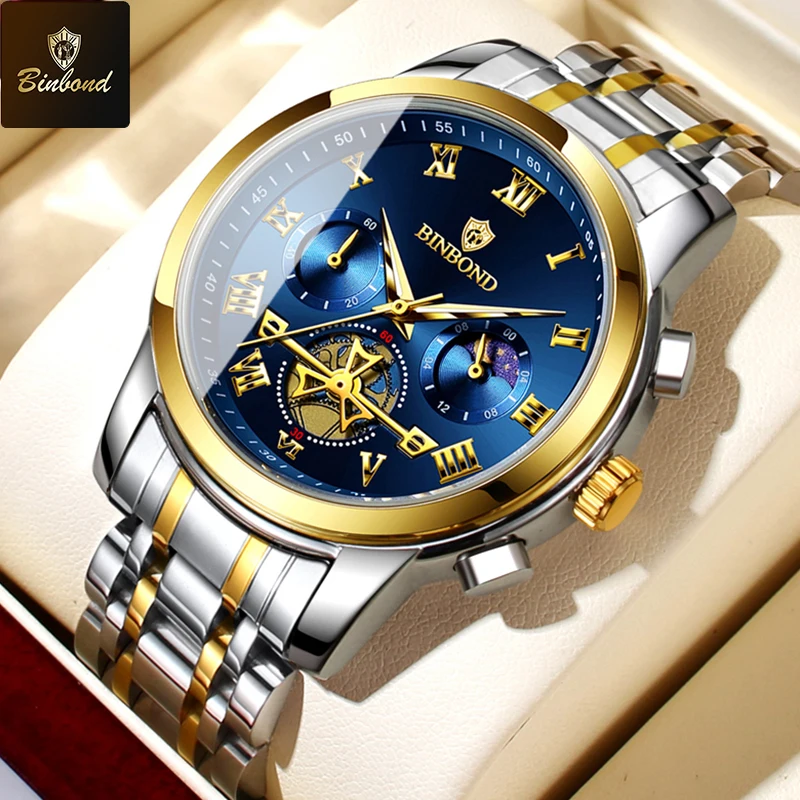 BINBOND модные трендовые мужские кварцевые часы со светящейся стрелкой, хронограф с фазой Луны, водонепроницаемые оригинальные мужские часы из нержавеющей стали