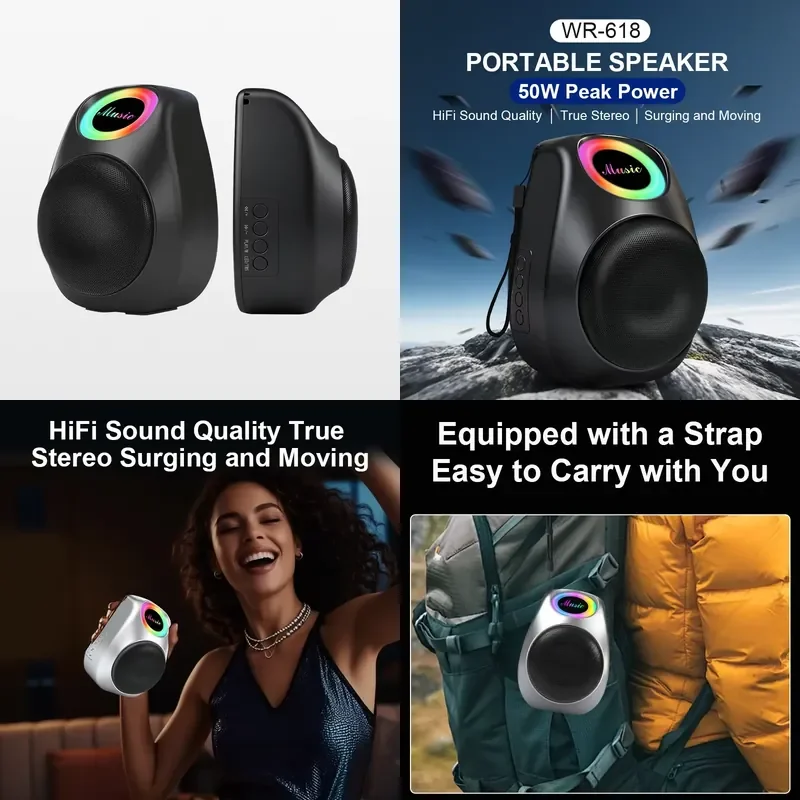 Portable Bluetooth Speaker with LED Light Show 50W Peak Output and Strong Bass for Outdoor Party