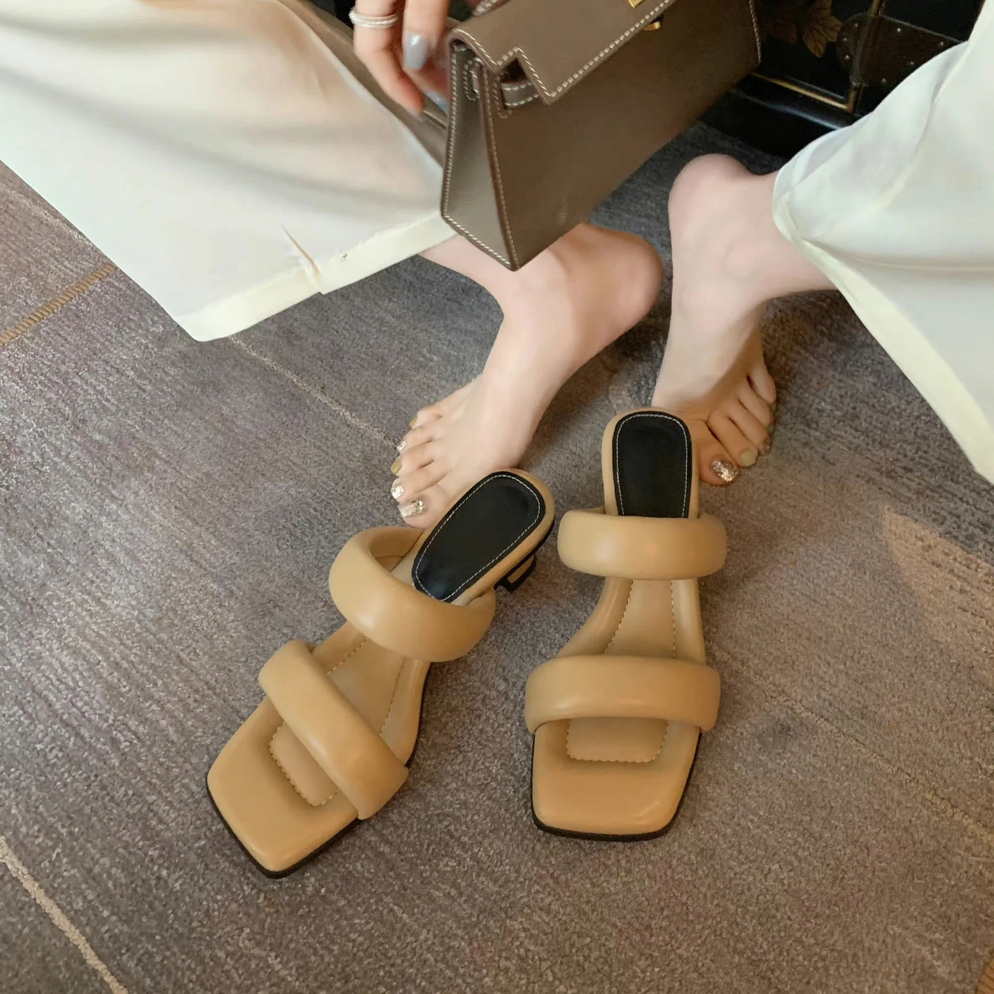 Beige Leather 2026 Summer Square Toe Two Padded Strap Block Heel Pumps Mules Elegant Daily Office Party Lady Sexy Casual Shoes