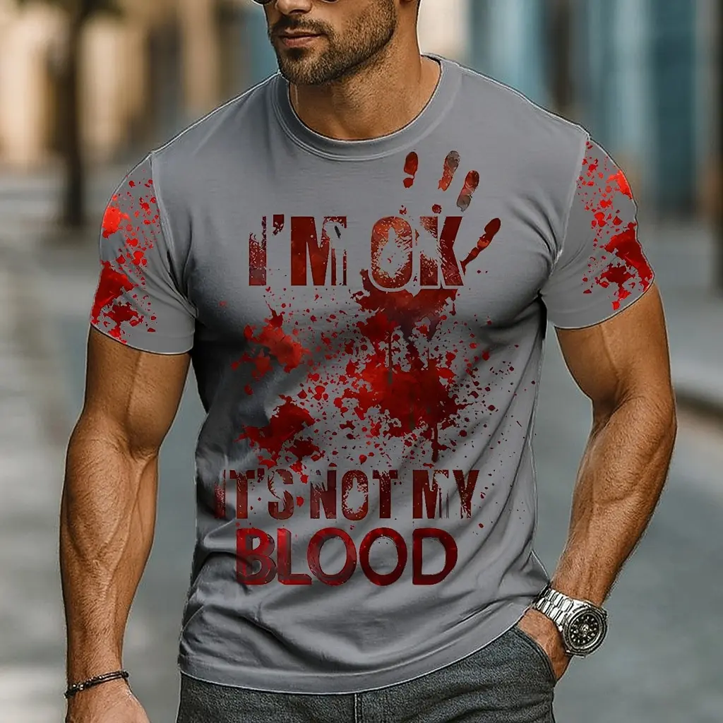 I'm OK It's Not My Blood Blood Handprint Splatter Print Men Crew Neck Short Sleeve T-Shirt Horror Funny Casual Tee