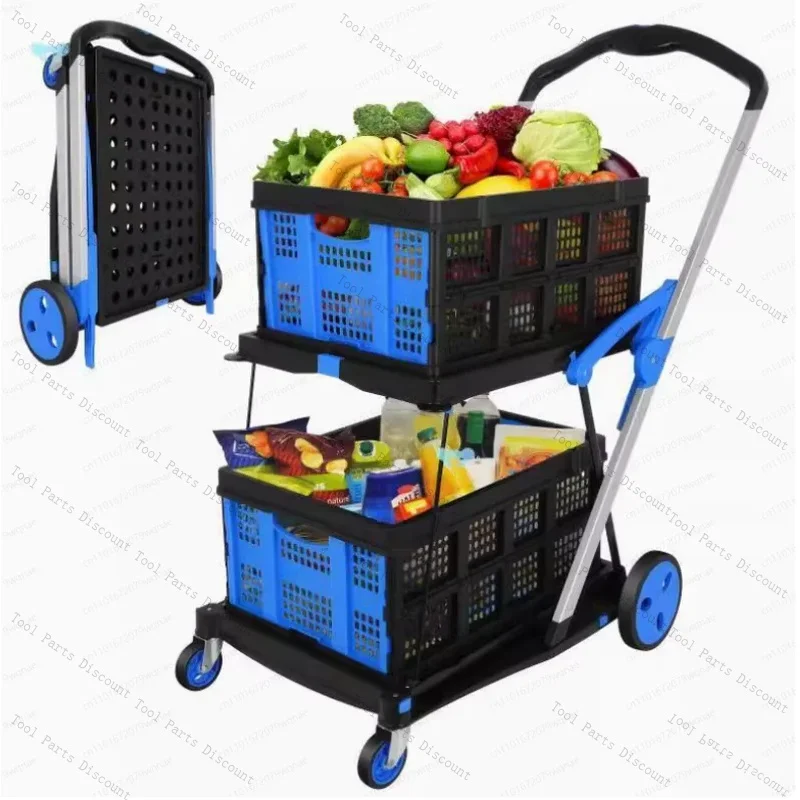 Utility Multi Use Functional Carts 2-Tier Collapsible Shopping Cart With Baskets Carritor