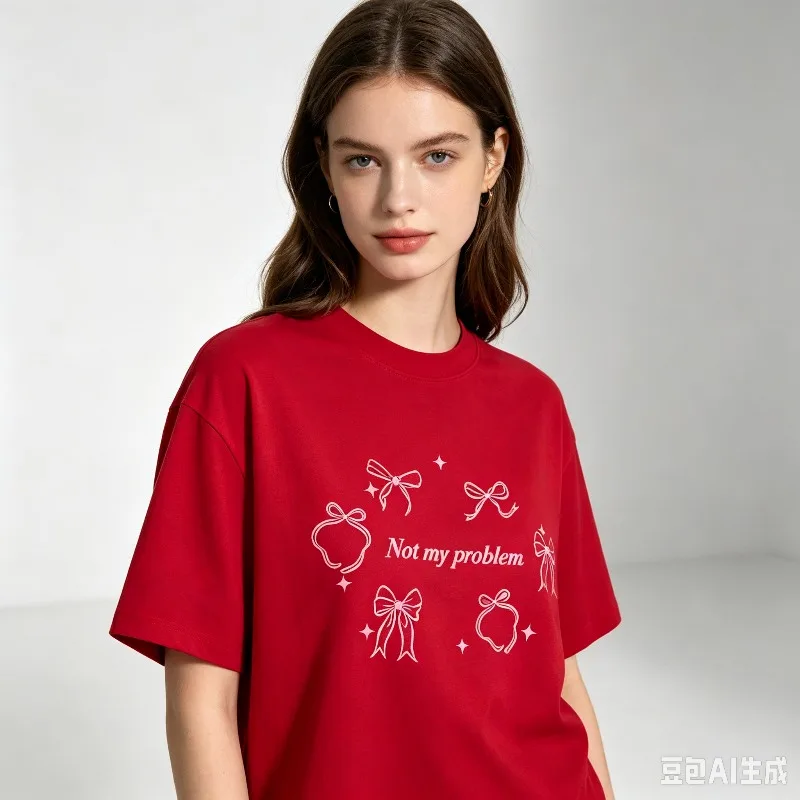 Bow Not My Problem Print T-Shirt 100% Cotton Cute Pink Bow Letter Graphic Tee Casual Streetwear for Women